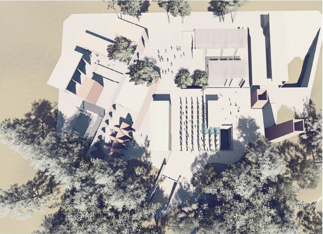 Layered spatial sequences guiding visitors through shaded passages and active gathering zones.