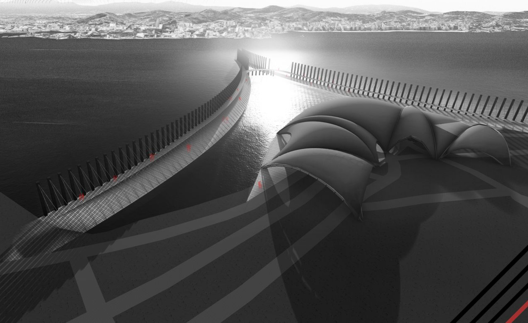 A sweeping aerial view reveals the curved pier system extending into the bay, framing the cultural pavilions and reconnecting Rio with its coastline.