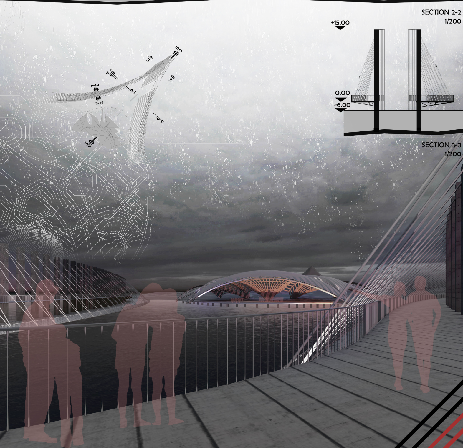 Visitors walk along the elevated promenade as the athenaeum pavilion rises across the water, merging structure, sound, and sky into a unified landscape.