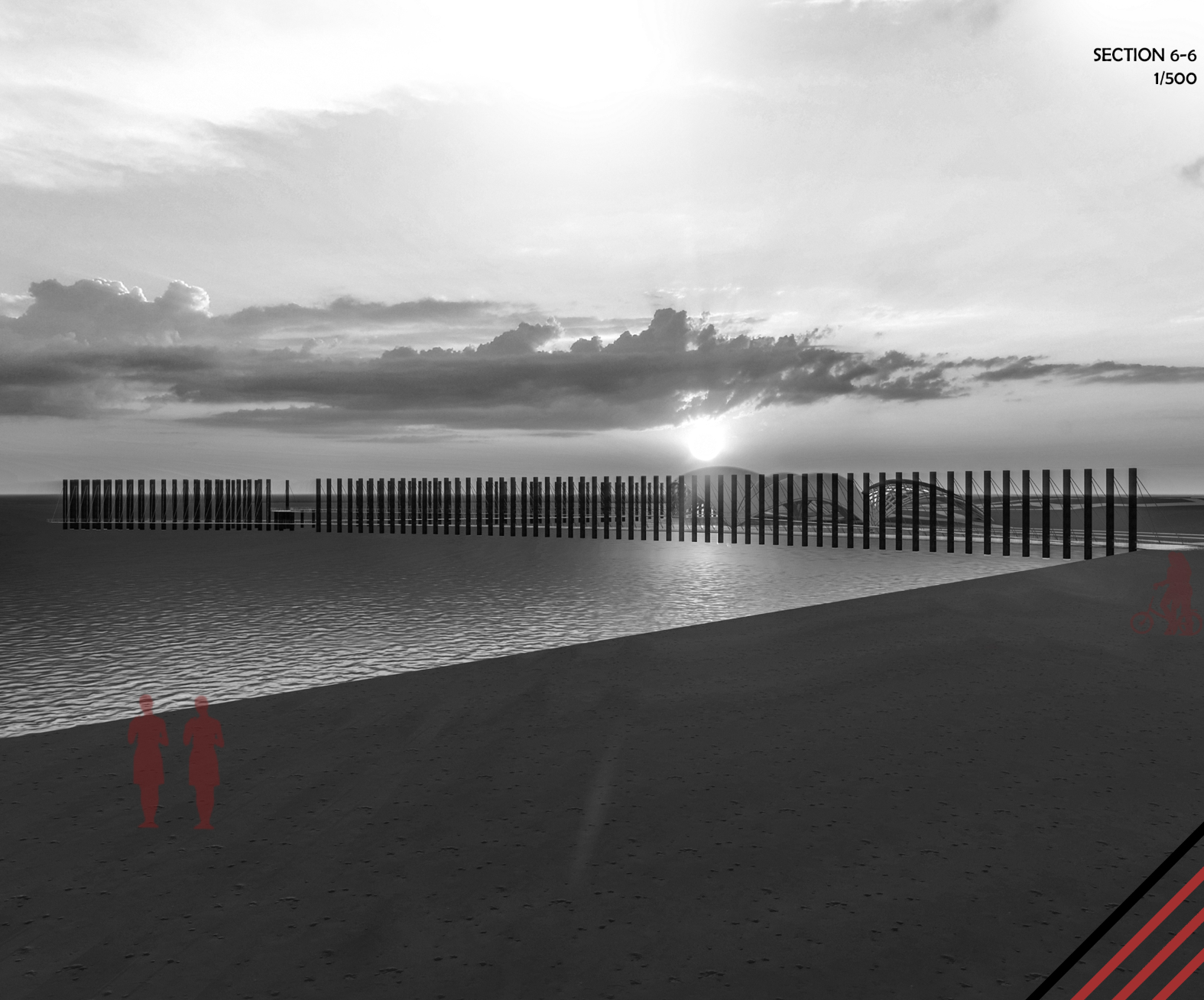 A distant view of the rhythmic vertical columns standing against the sunset, defining the project’s linear coastal presence.