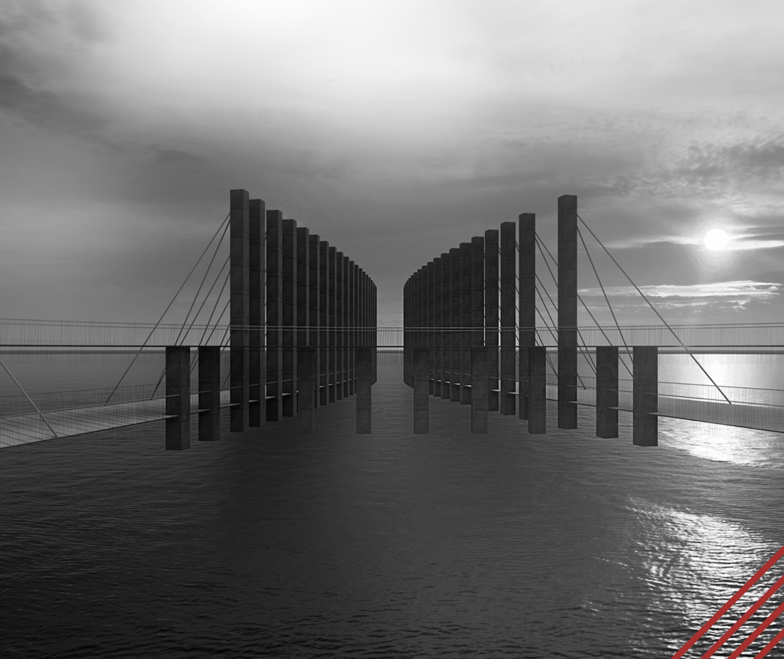 The central gateway of vertical pillars opens toward the horizon, emphasizing movement, depth, and the project’s structural cadence.