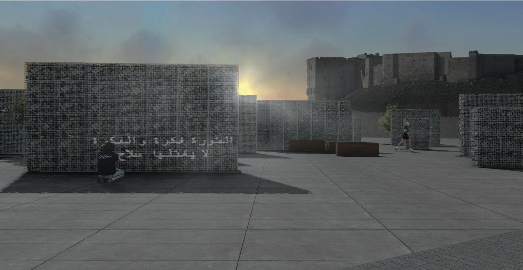 Gabion walls frame a quiet plaza where remembrance and daily life meet beneath Aleppo’s citadel.