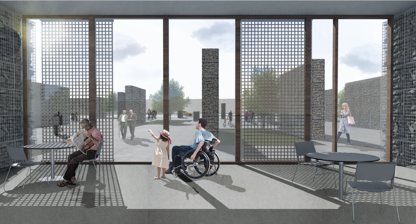Light and shadow filter through screens, opening calm community spaces toward the evolving memorial outside.