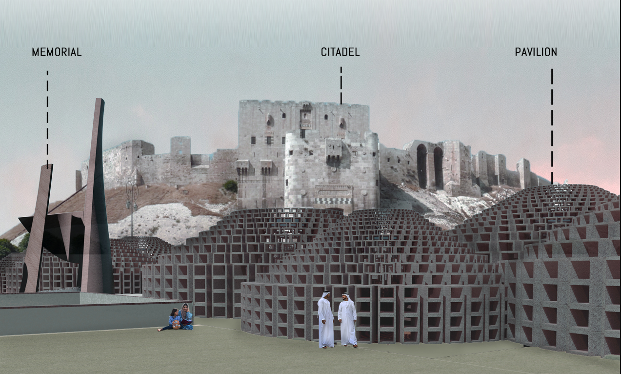 Rendered elevation showing perforated brick volumes at the base of a hilltop citadel with two figures standing