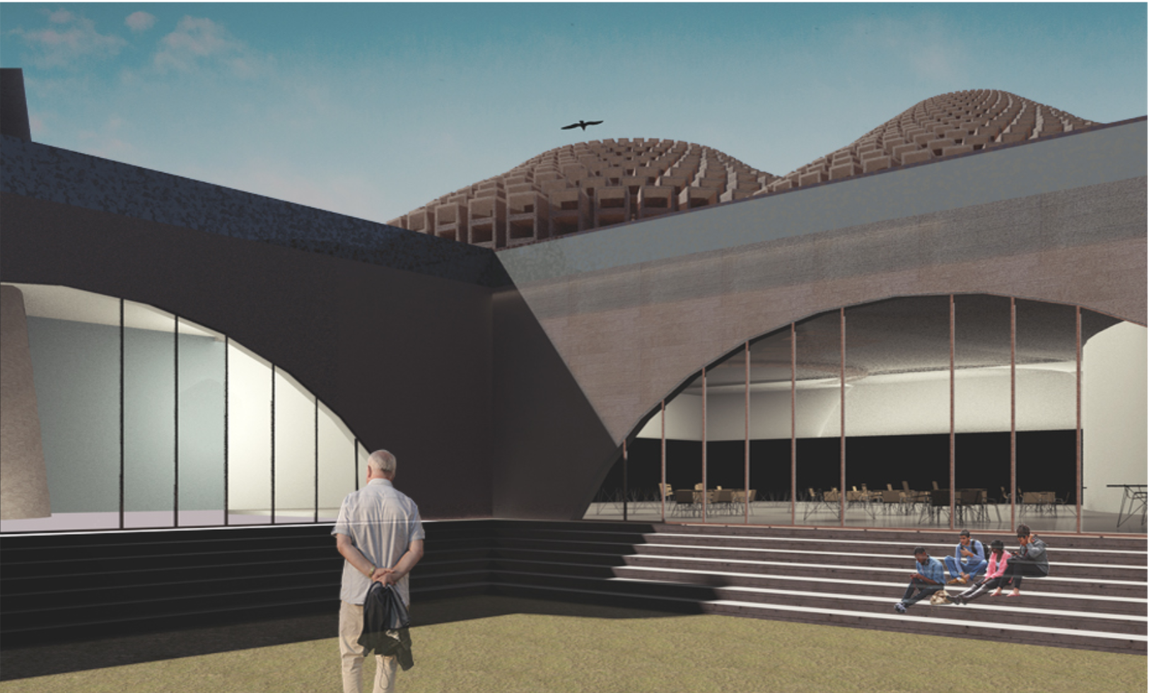 Arched concrete entrance canopy with glazed opening overlooking stepped plaza seating with visitors and a bird overhead