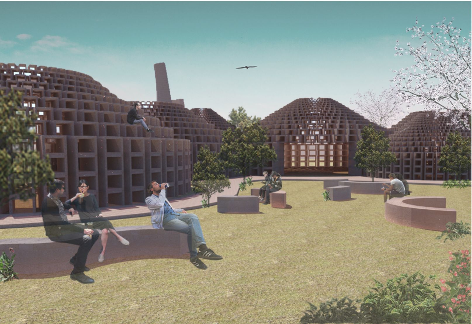 Open-grid brick domes surrounding a lawn with seated figures, planters, and flowering trees under clear sky