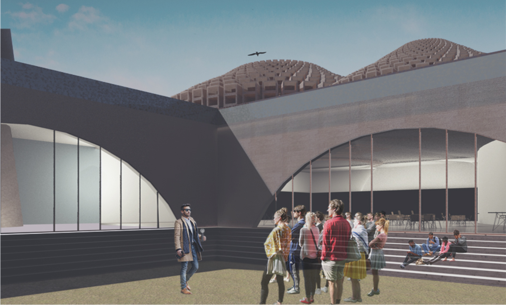 Concrete plaza with clustered visitors near arched glazed entrance and stepped seating under latticed brick domes