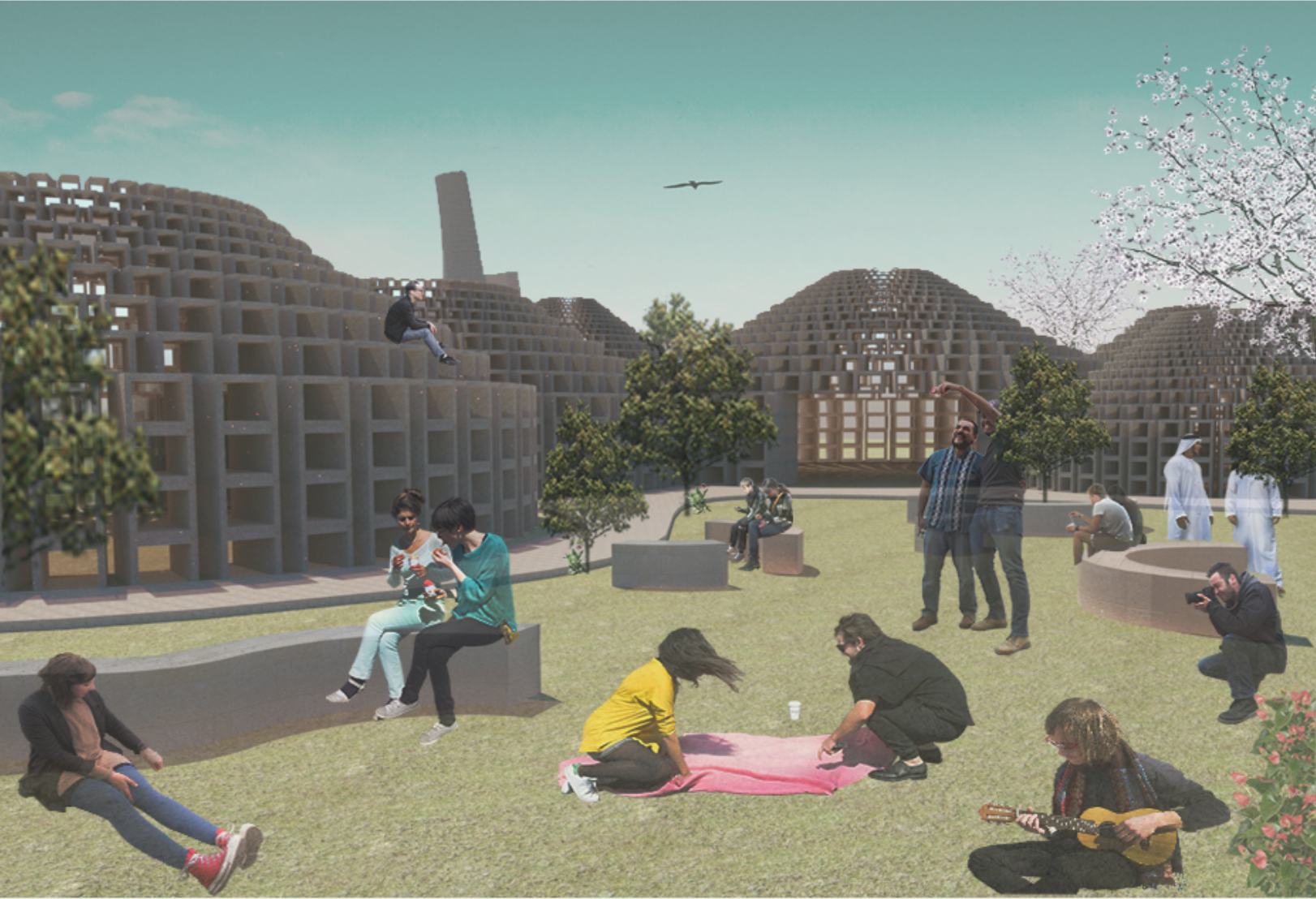 Public lawn with groups sitting, playing, and picnicking among planters beneath perforated brick dome structures