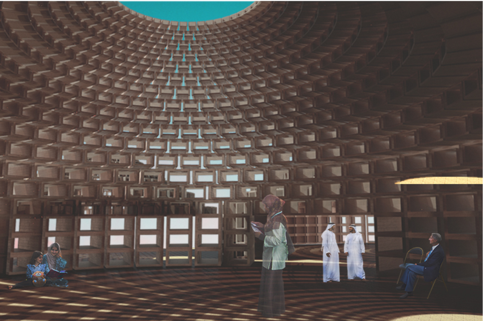 Interior view of the domed brick lattice ceiling with circular oculus and visitors below in filtered light