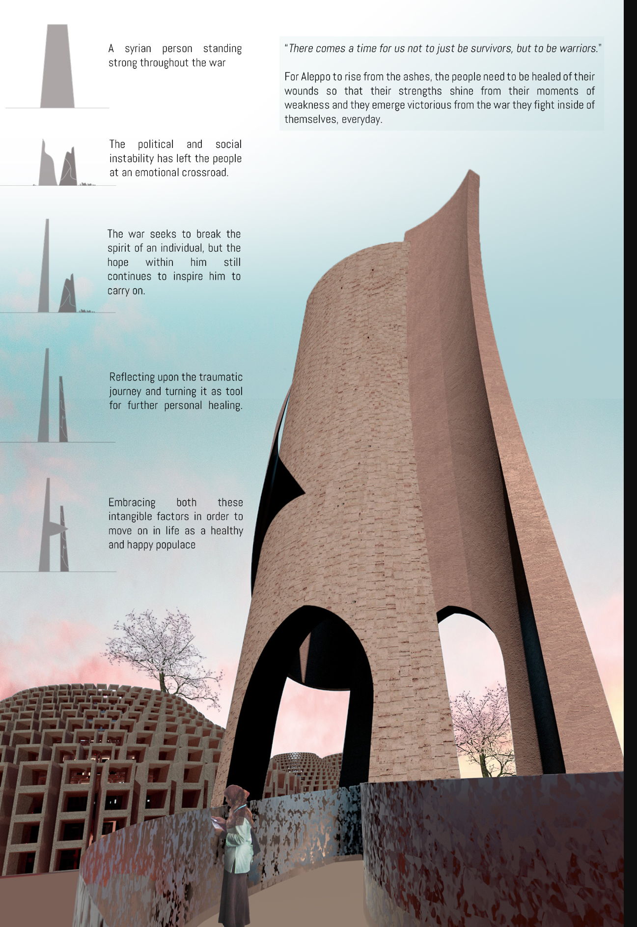 Presentation drawing showing the tall brick tower with arched openings and figures on the plaza at dusk