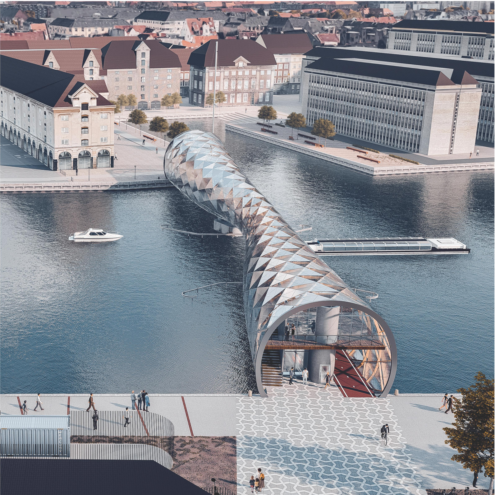 Elevated view of the curved bridge with faceted glazing and exposed steel structure over the water