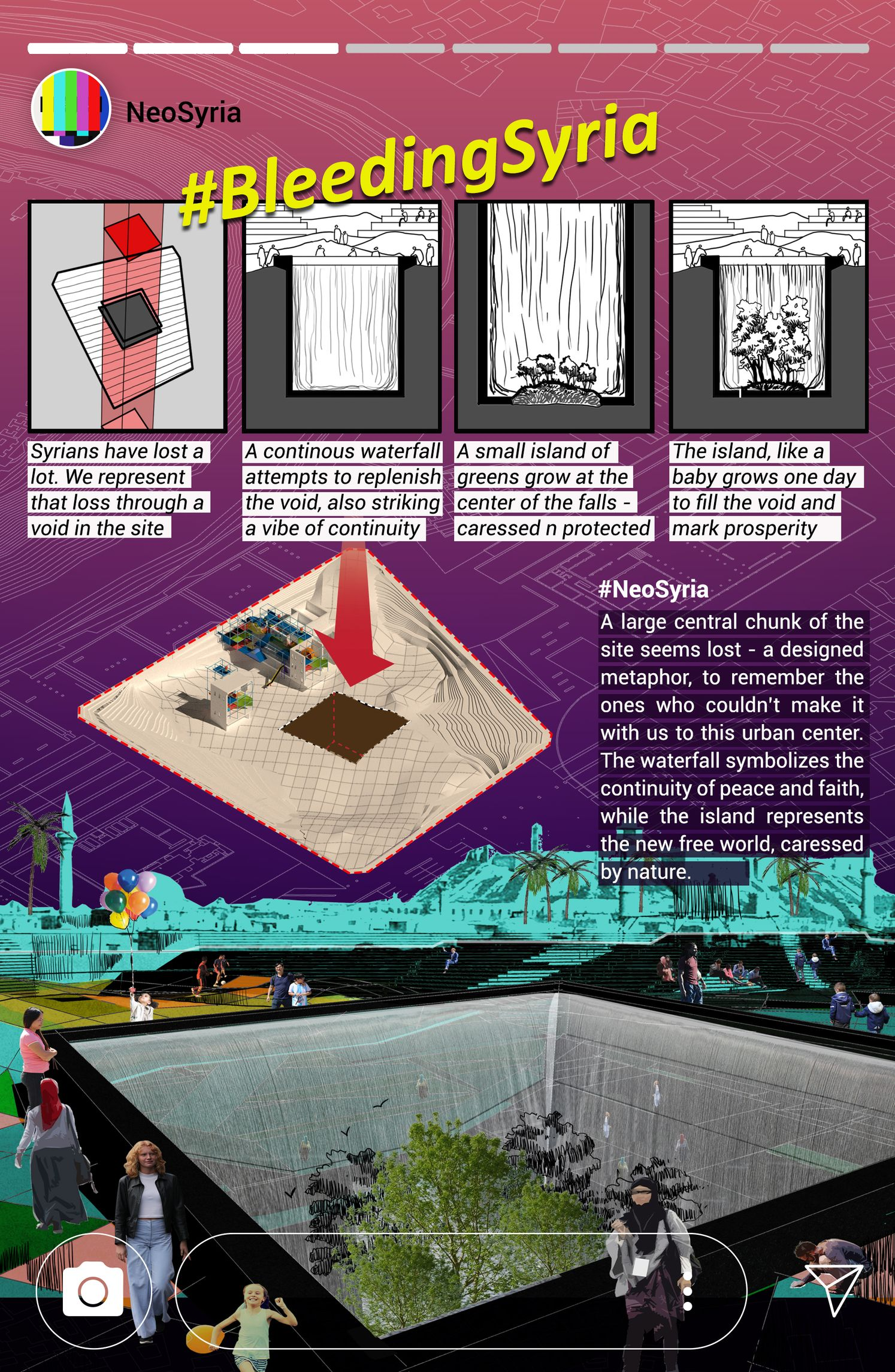 A memorial void filled with cascading water and new growth, symbolizing loss, continuity, and the quiet resilience of a nation rebuilding.