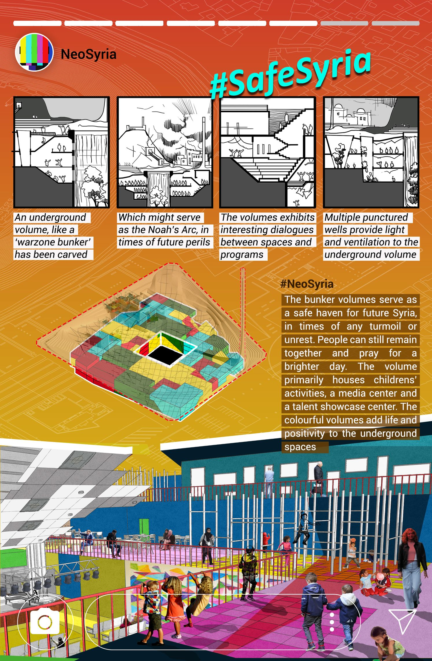 An underground refuge of color, community, and creativity—designed as a protective haven for future generations during moments of uncertainty.