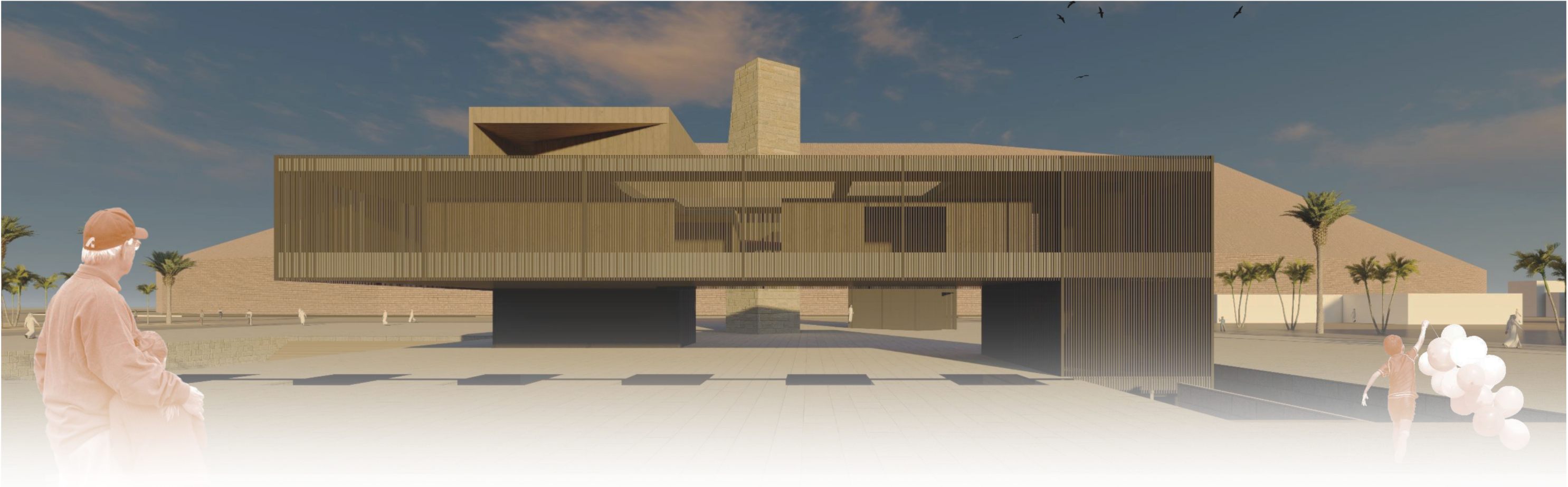 A monumental horizontal volume hovers above the plaza, framing a civic space that symbolizes unity and post-war rebirth.