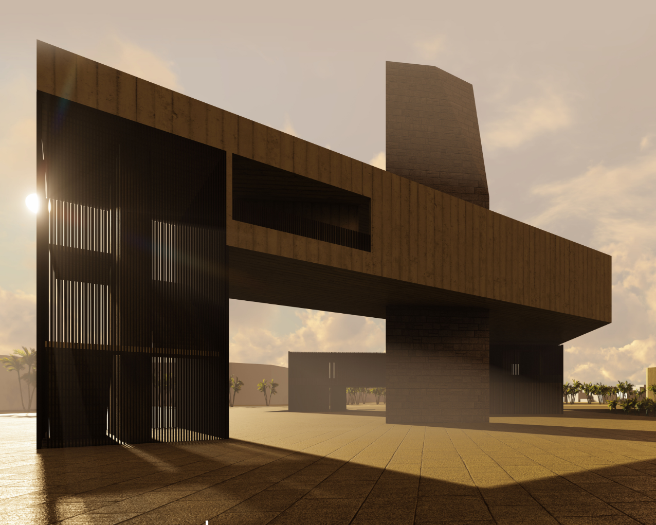 Sun-lit textures and bold geometric massing express resilience, grounding the structure within Aleppo’s reconstructed urban landscape.