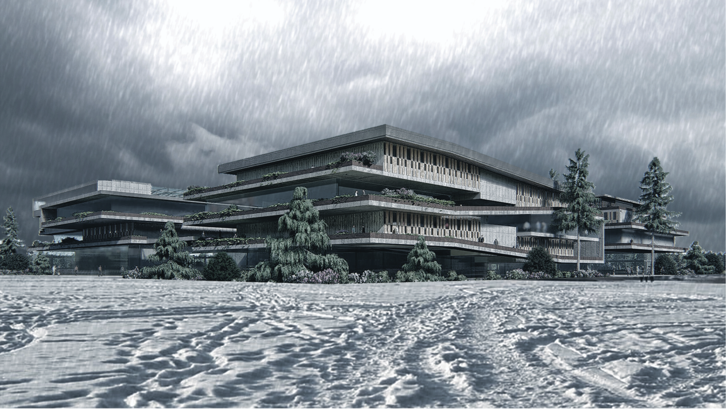 The building’s resilient form adapts to harsh climates, showcasing year-round environmental performance.