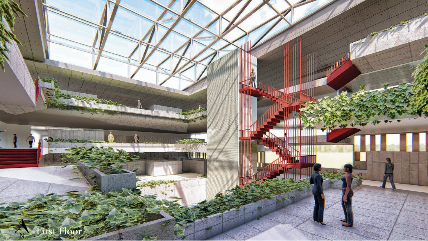 A naturally lit central atrium featuring multi-level circulation, greenery, and collaborative social spaces.