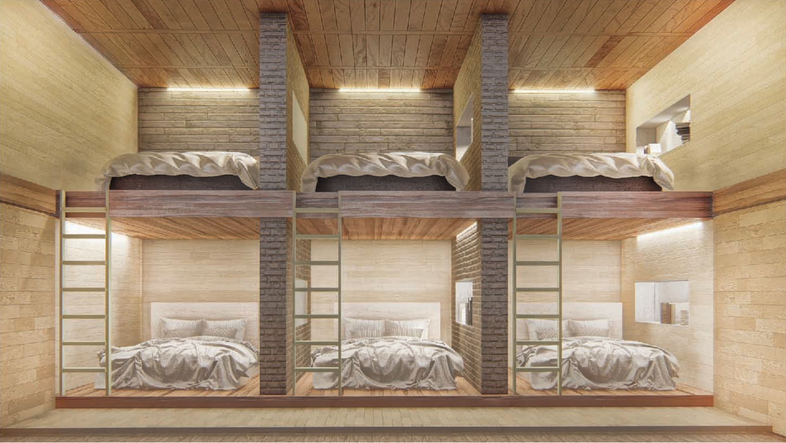 Compact, warm-toned co-living units designed for comfort, efficiency, and community-centered living.