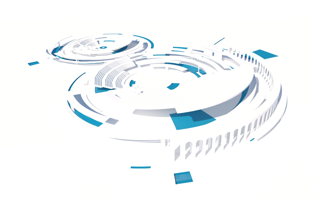 An elevated view of the circular performance platforms forming the heart of Aleppo’s new cultural landmark.