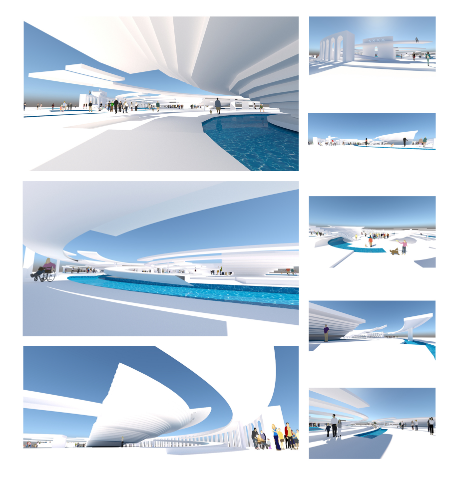 Immersive public spaces featuring fluid walkways, reflective pools, and open gathering zones for cultural interaction.