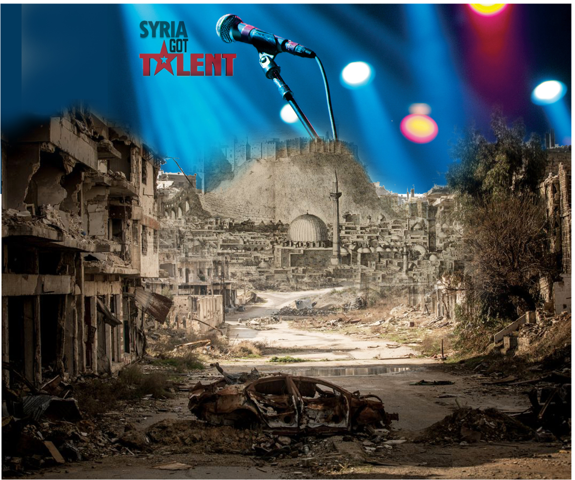 A symbolic collage blending Aleppo’s ruins with a performance stage, expressing the city’s journey from destruction to creative revival.