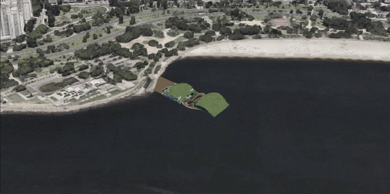 Aerial view of green rooftop platforms extending into the dark water from a tree-lined shore