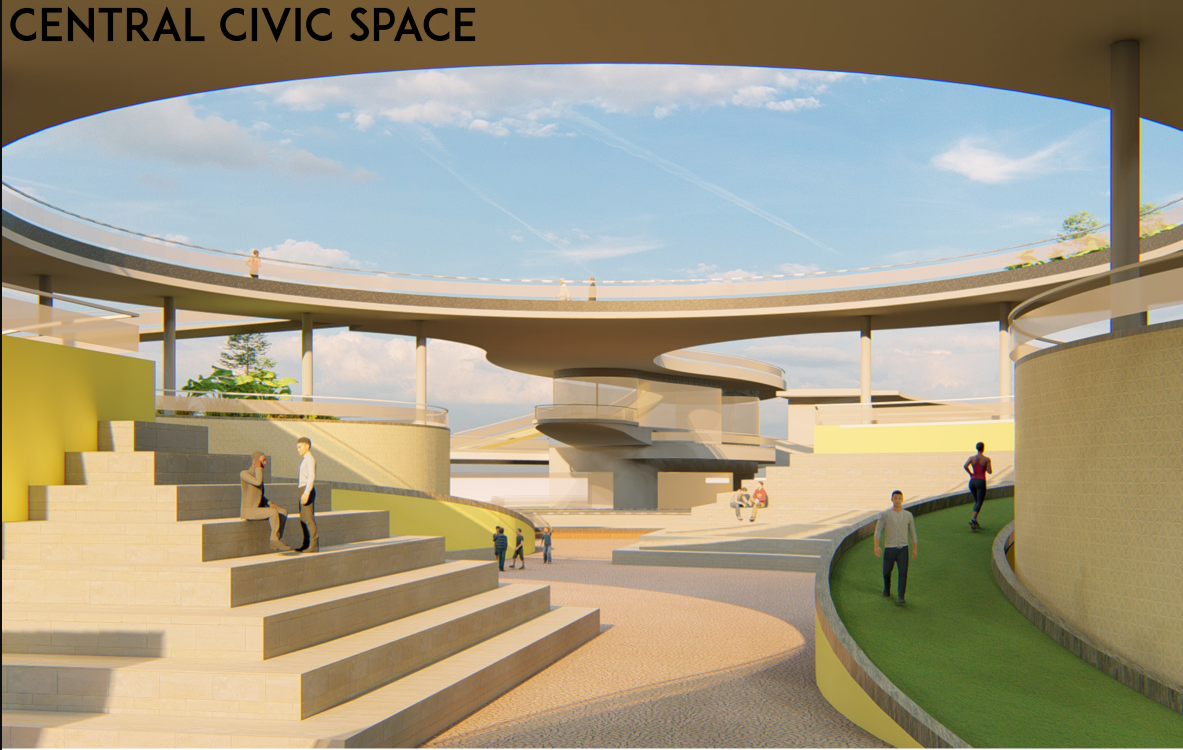 An open civic courtyard framed by elevated walkways and terraced seating for community interaction.