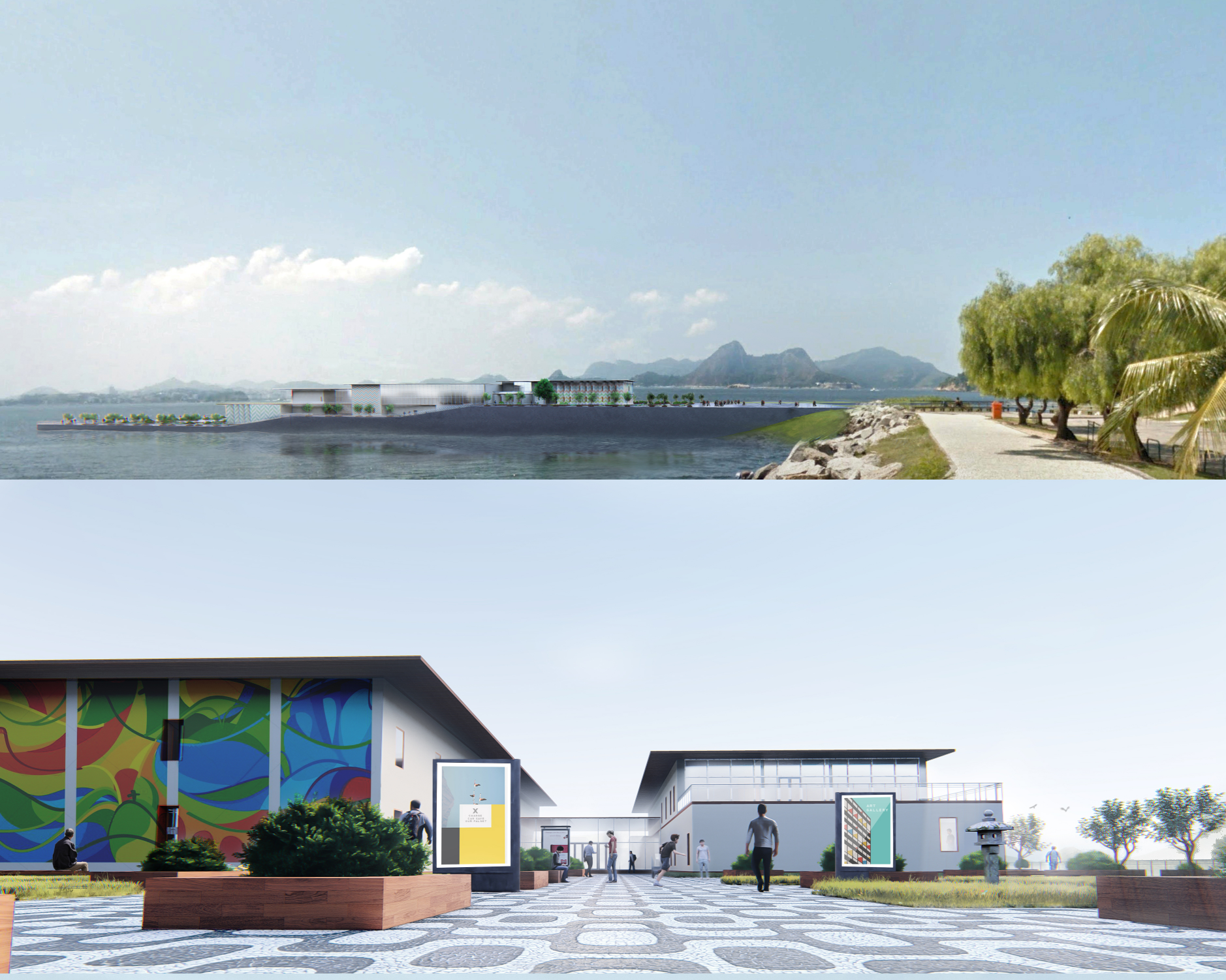 The museum extends along the shoreline, connecting visitors to the coast through open promenades and lively public plazas.