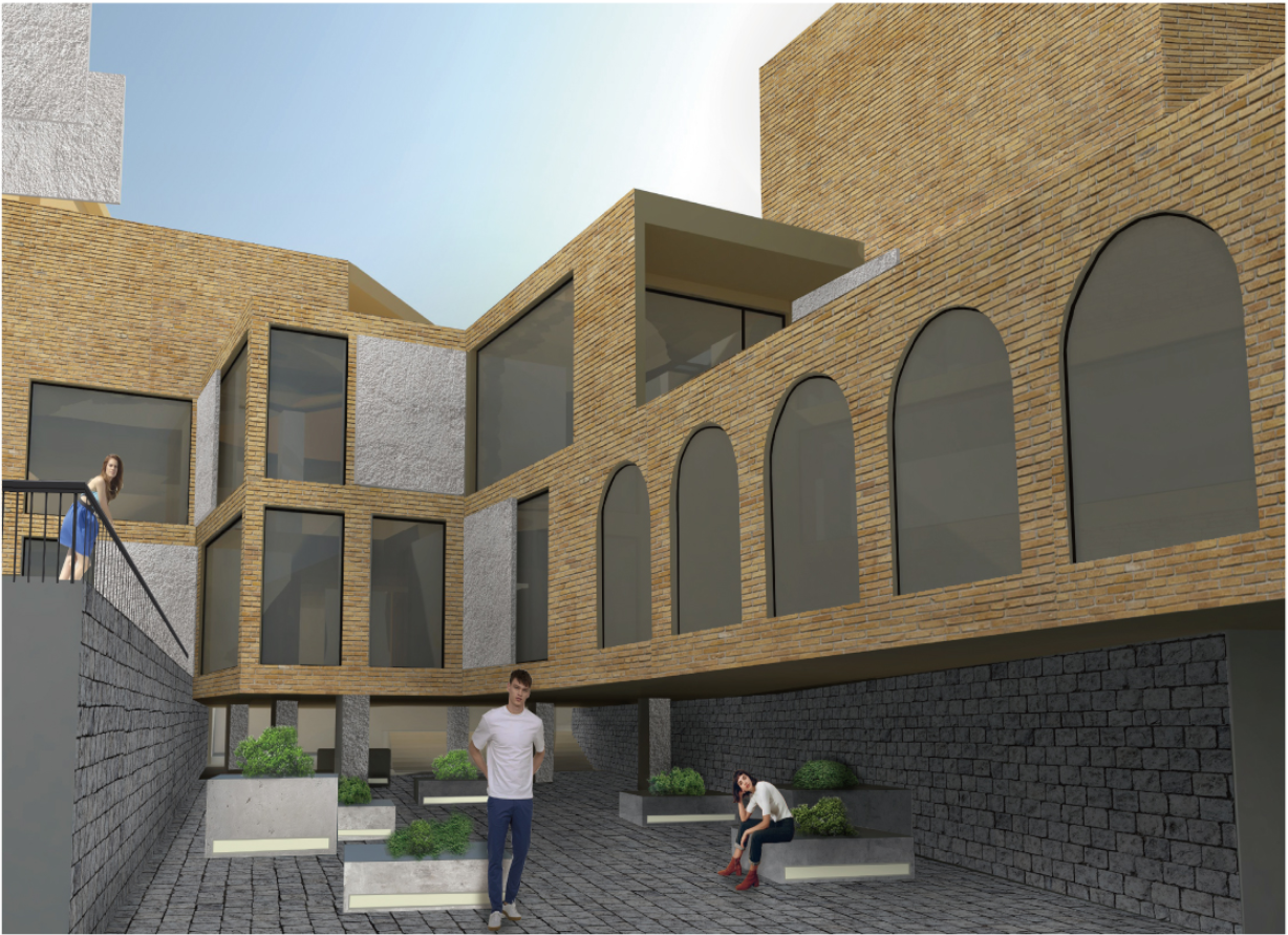 Courtyard view showing brick facade with arched windows and residents on staircase and paved ground