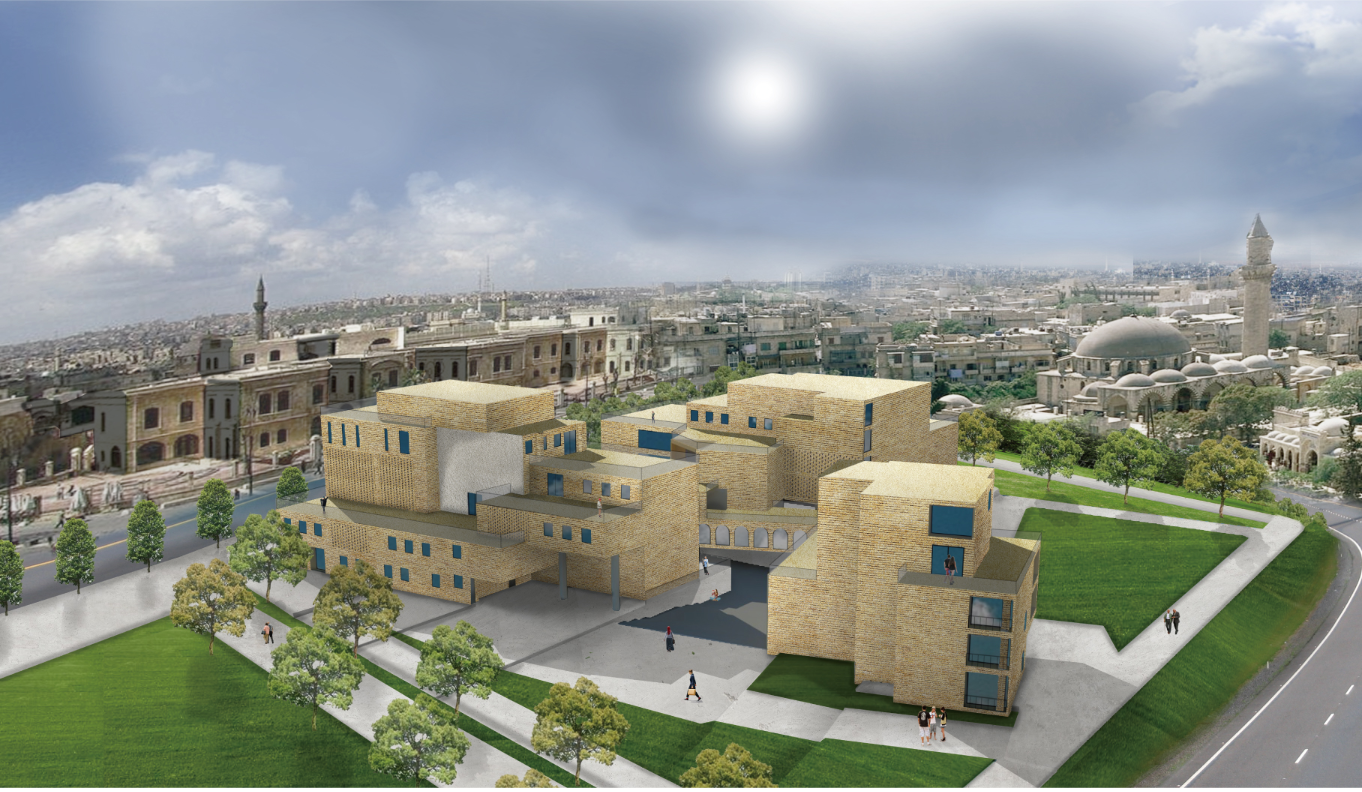 Aerial rendering of stacked brick volumes with green lawn and pedestrians under cloudy sky
