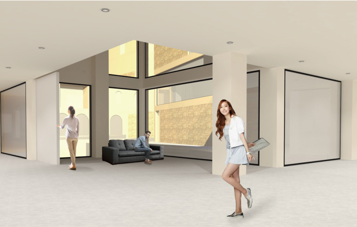 Interior gallery space with recessed ceiling and corner window framing brick wall outside