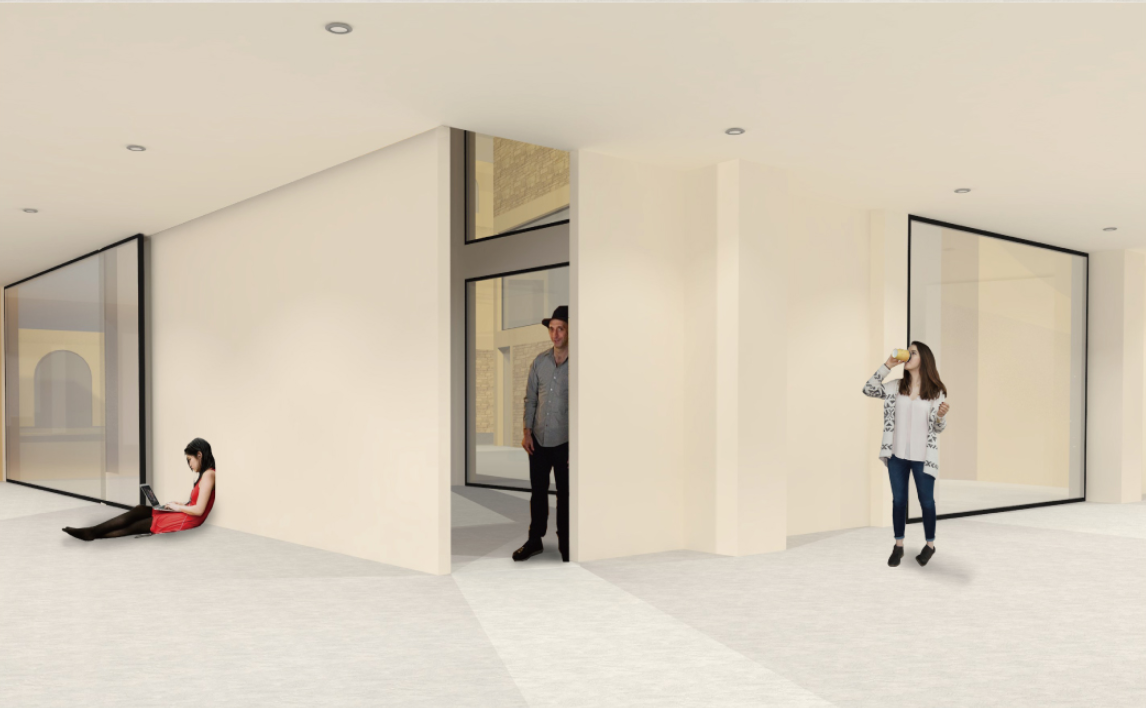 White gallery room with large window opening revealing brick facade and residents inside