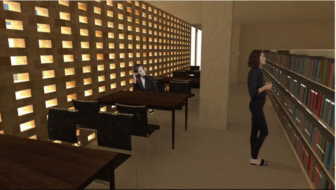 Library interior with perforated brick wall filtering golden light beside shelving and work tables