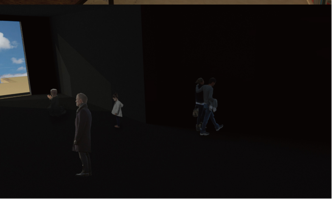Dark exhibition hall with visitors silhouetted against window opening to landscape view