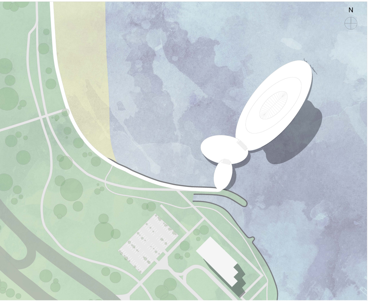 A floating cultural landmark positioned along Rio’s coastline, seamlessly integrating with the natural waterfront and urban fabric.