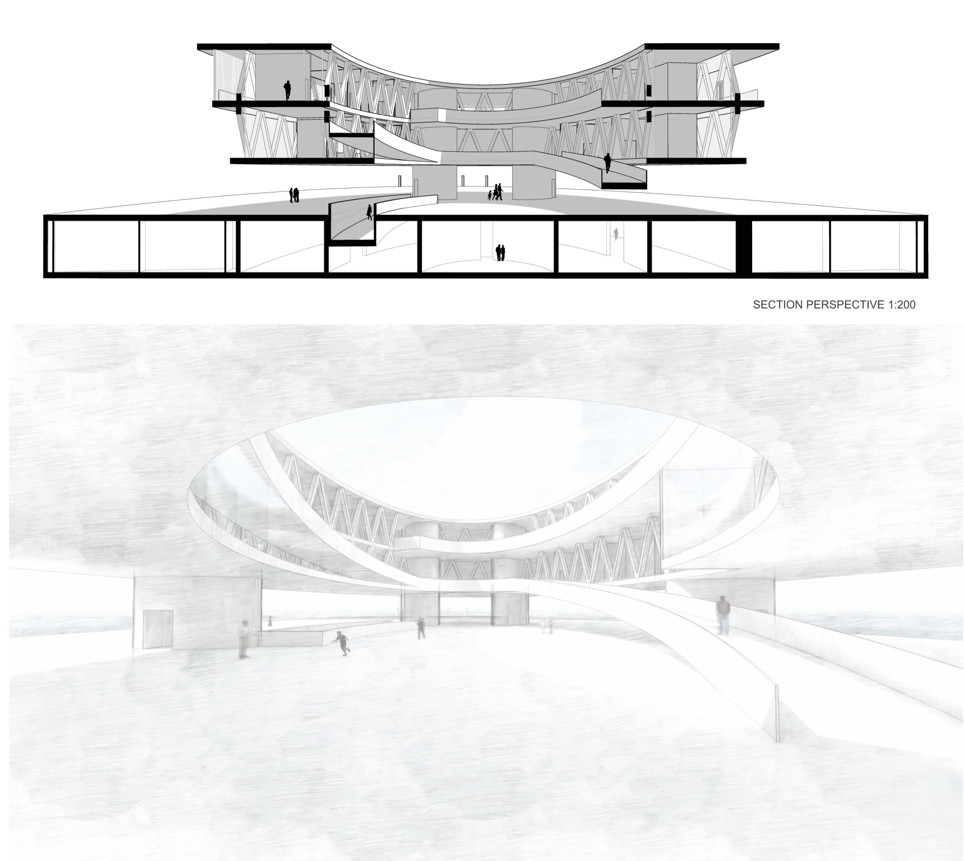 A dynamic sectional perspective revealing layered cultural, educational, and public spaces interconnected by sculptural ramps.