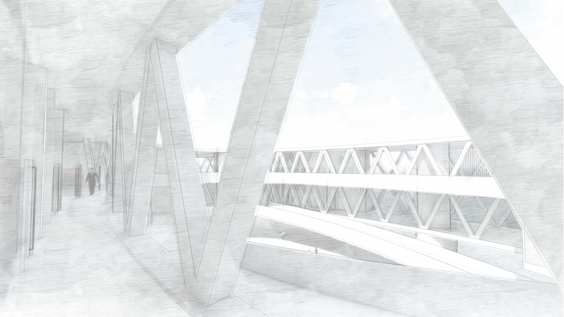 Light-filled circulation spaces framed by diagonal structural members, offering expansive views across the floating complex.