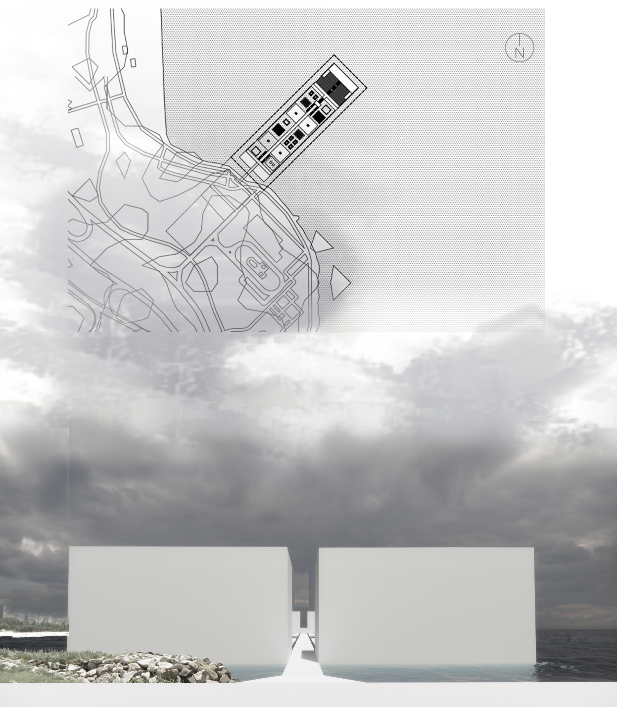 A linear architectural form extends into the water, creating a precise sensory axis from land to sea.