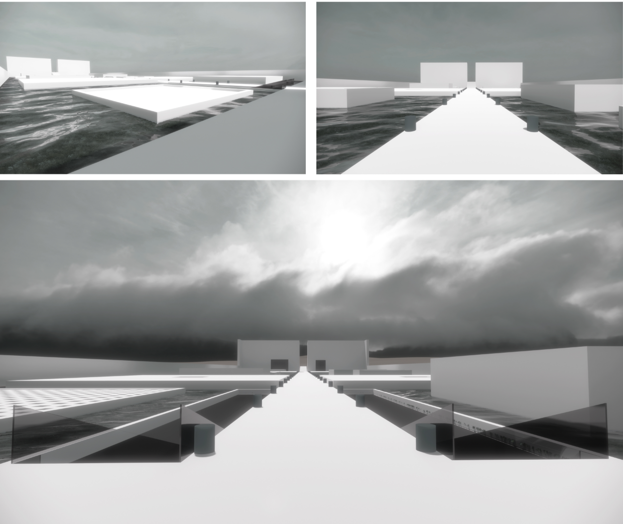 Minimalist volumes hover above the water, guiding visitors through a calm, sensory-focused promenade.