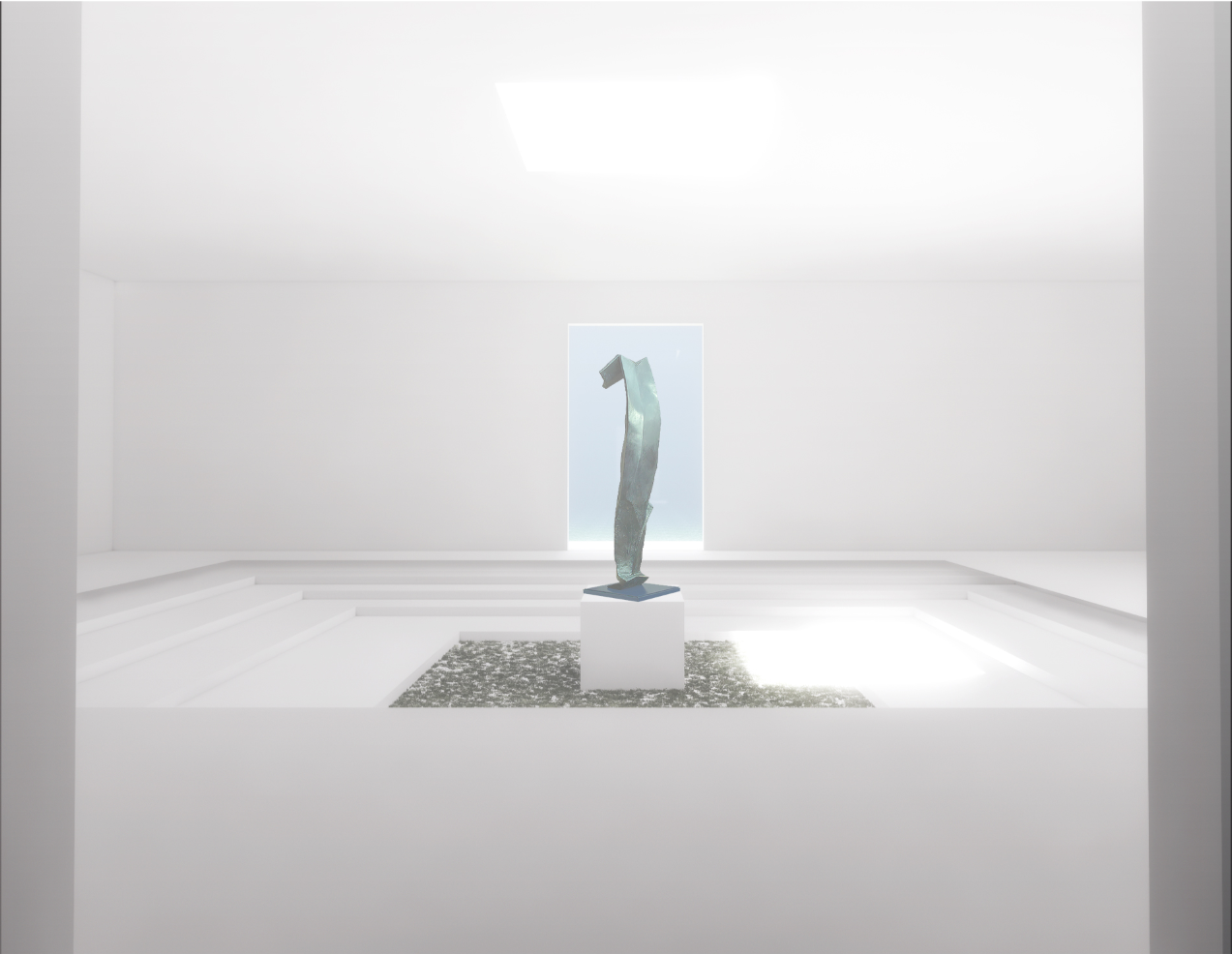 A solitary sculpture stands beneath diffused daylight, creating an intimate sensory pause.