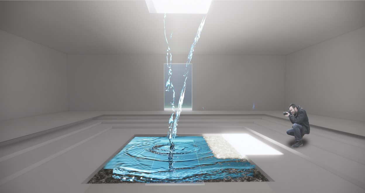 A vertical stream descends into a reflective pool, transforming sound, light, and movement into a multisensory experience.