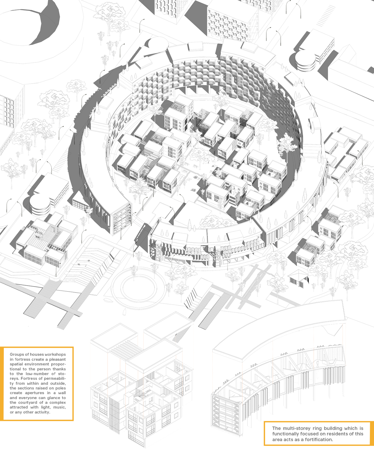 An exploded axonometric view illustrating the circular fortification, inner workshop-housing clusters, and multi-level communal terraces.