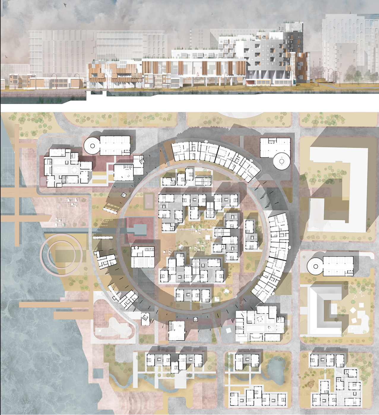 A detailed site plan and elevation showing the project’s integration with the waterfront, public squares, and urban circulation.