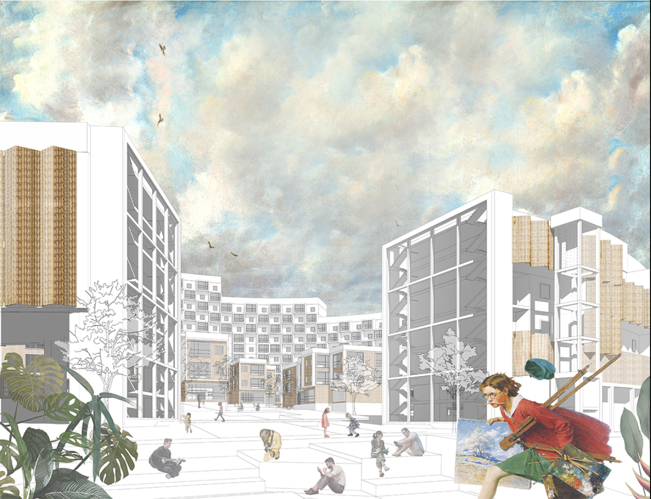 A lively perspective of the central courtyard, highlighting the open public plaza framed by modular creative studios.