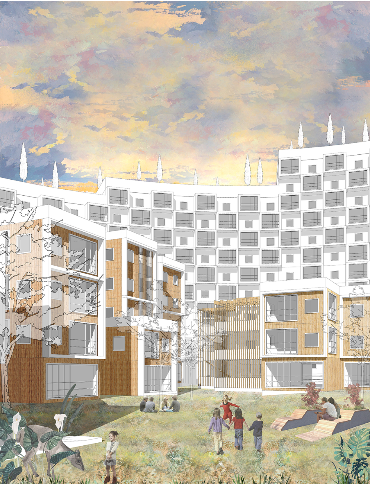 A serene garden courtyard surrounded by residential blocks, designed to encourage social interaction, play, and nature immersion.