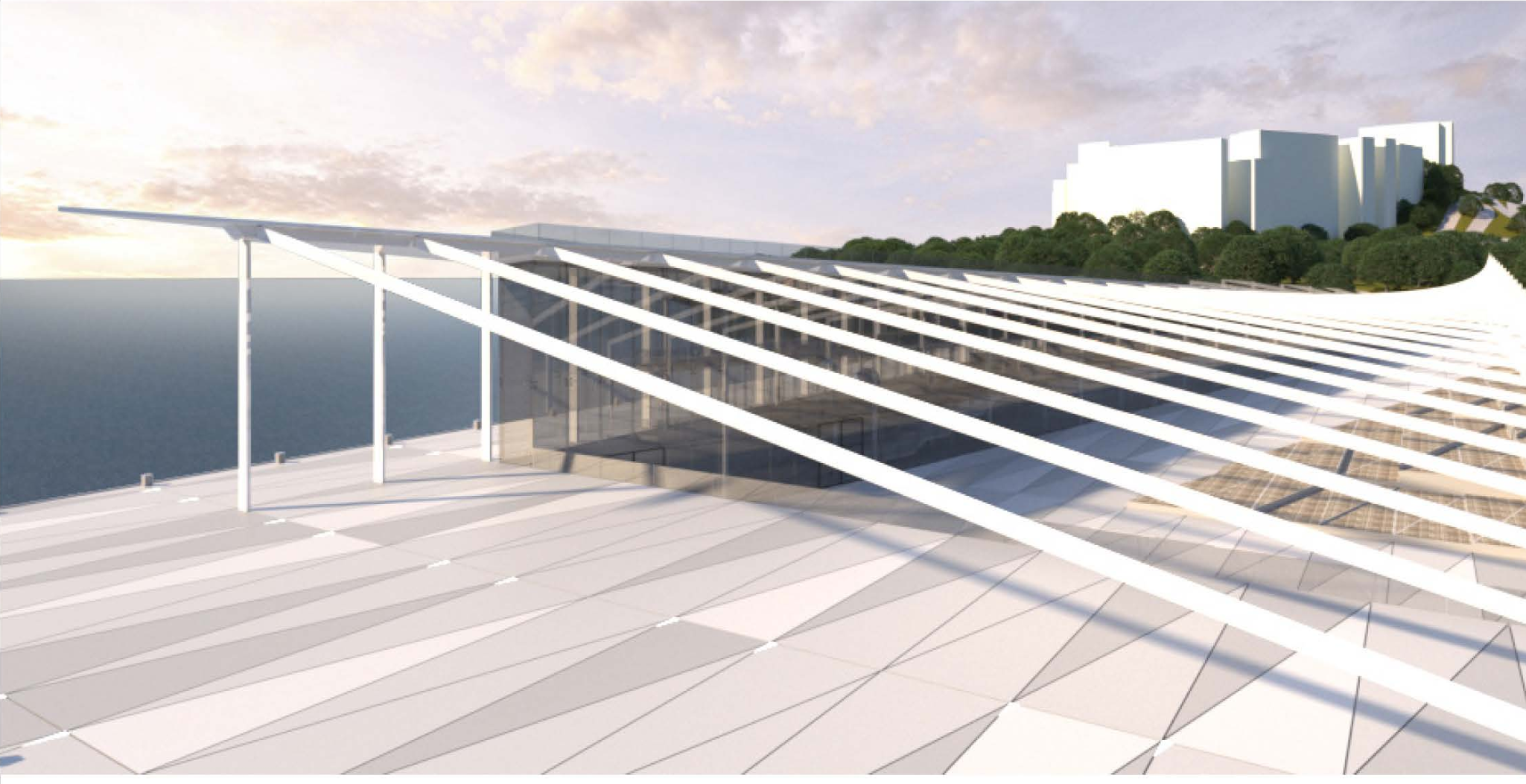 Lightweight structural lines create a dynamic rhythm across the glazed façade and waterfront horizon.