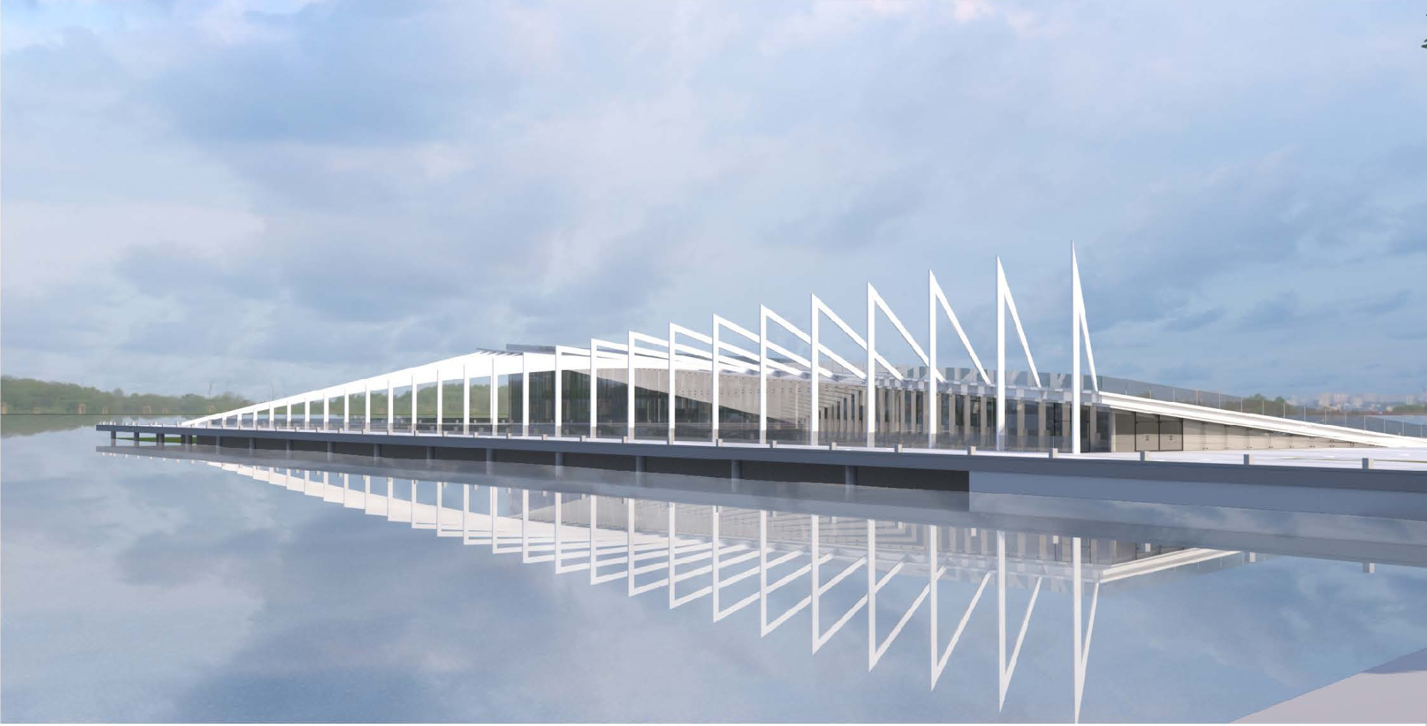 A linear architectural silhouette reflected across calm waters, emphasizing symmetry and precision.