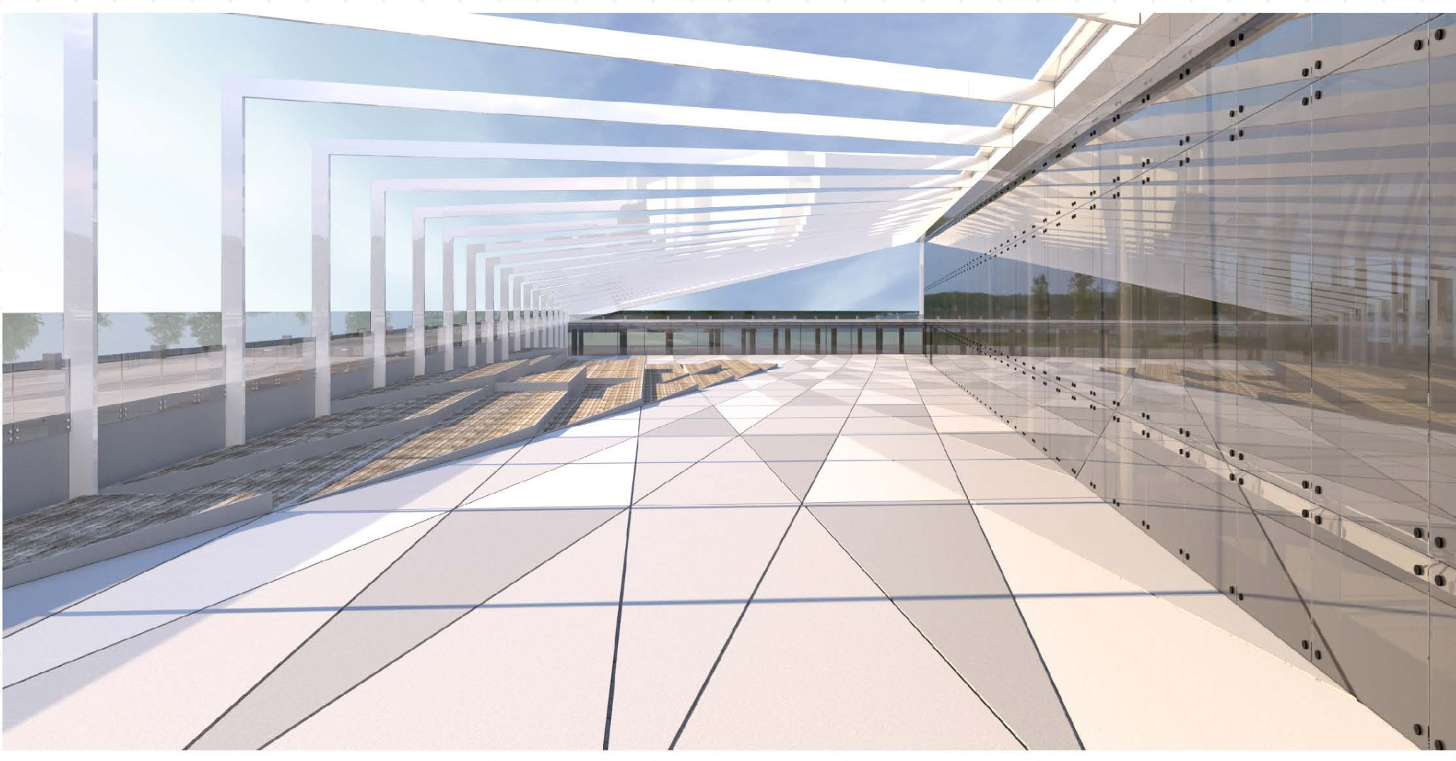 An open walkway framed by repeating structural elements, merging light, shadow, and transparency.