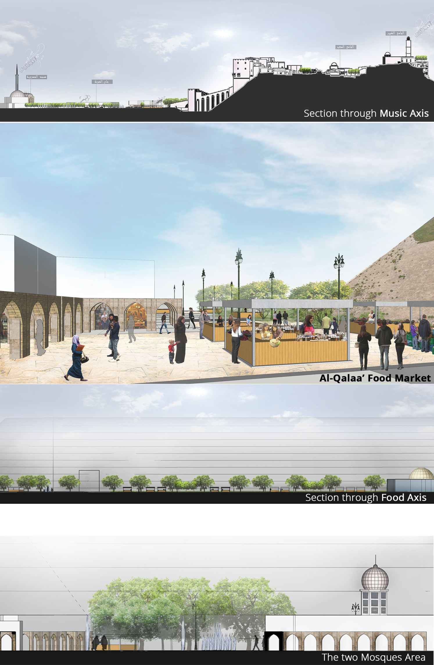 Sectional views revealing the spatial character of the Music and Food Axes, linking cultural landmarks through vibrant public corridors.