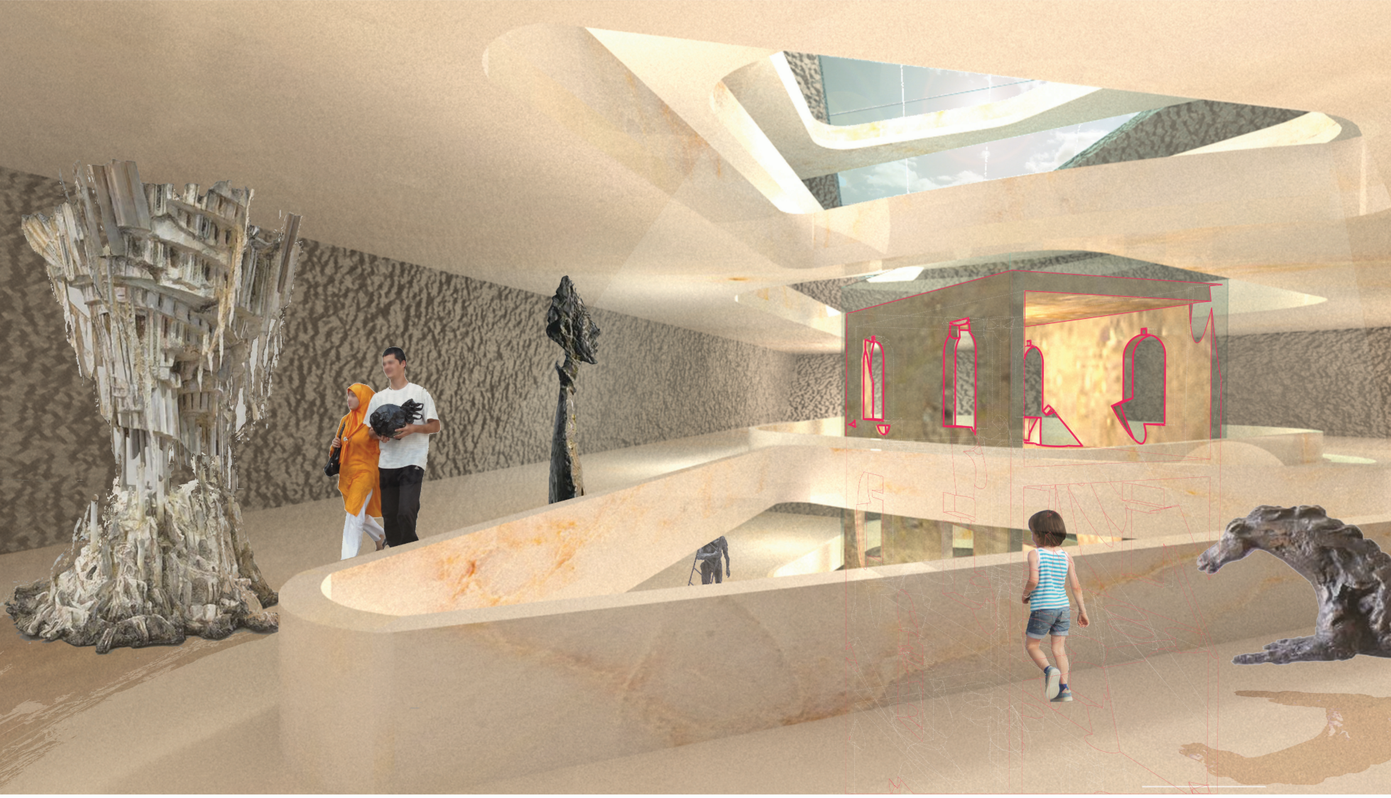 A layered interior where preserved ruins, sculptural installations, and filtered natural light create a multi-sensory museum experience.